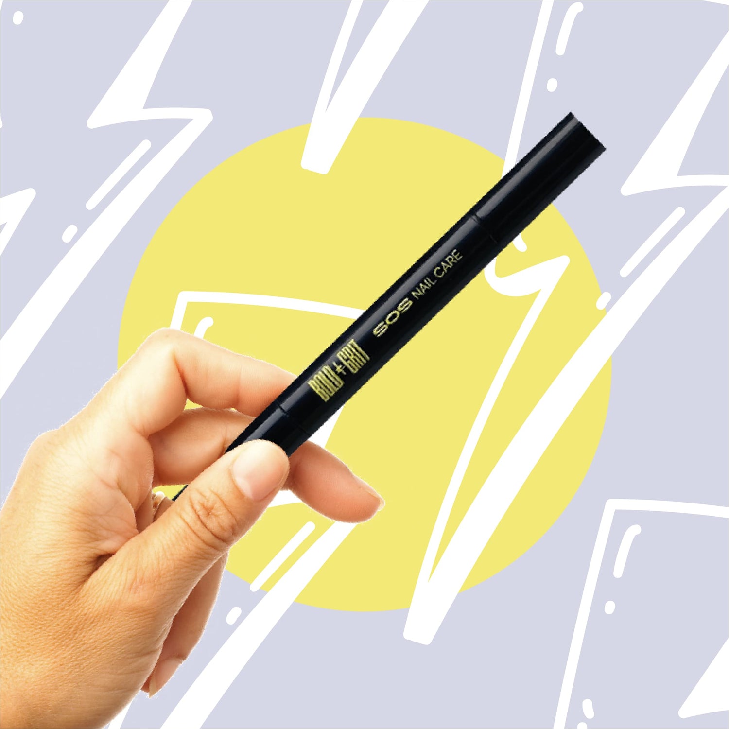 Black pen for manicure at home, and nail treatment. Yellow text on it Bold & Grit SOS Nail Care. Pen formulated for beautiful nails and natural nails. Yellow background with a white lightning.